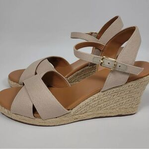 J. Crew Factory Peep Toe Canvas
Wedge Espadrille Sandals Size 8.5